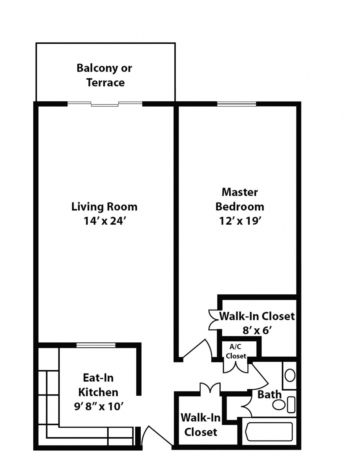 Floor plan for 1 bed, 1 bath, 1050 sqft